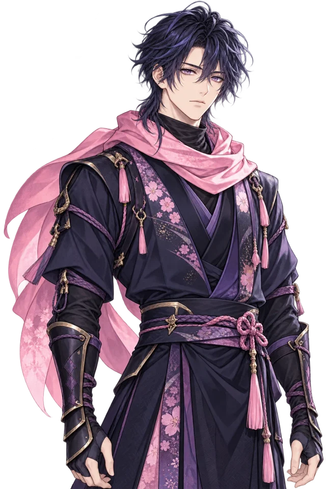 Ein schwarz gekleideter Shinobi mit rosa Schal