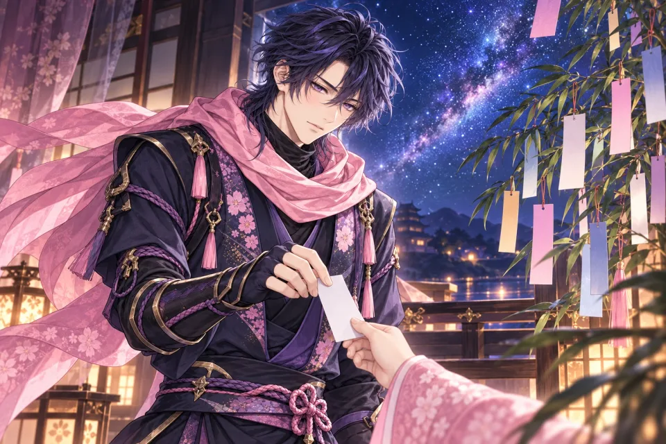 Ein Shinobi reicht der Heldin unter dem Nachthimmel von Tanabata einen Wunschzettel