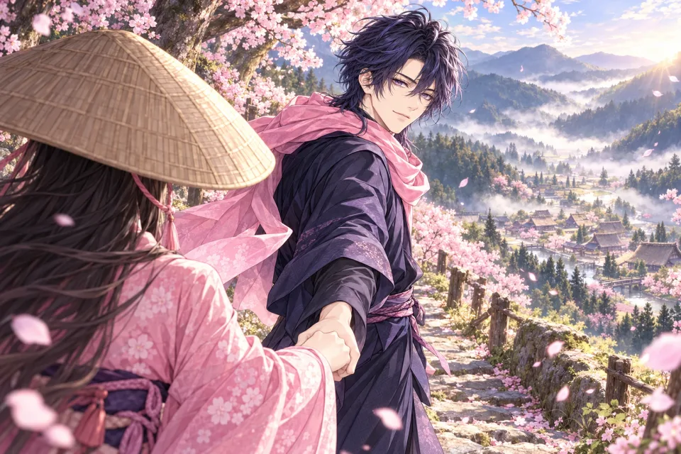 Ein Shinobi führt die Heldin an der Hand über einen Bergpfad voller Kirschblüten
