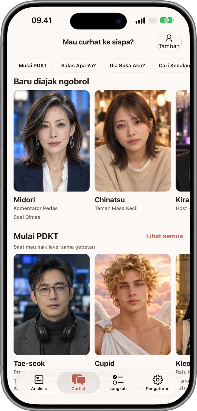Layar penasihat dengan potret para penasihat untuk dipilih