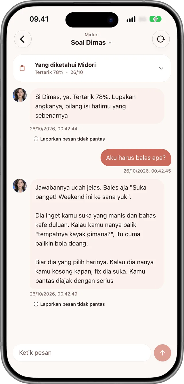 Chat curhat dengan penasihat yang sudah tahu hasil 78% dan menyarankan balasan