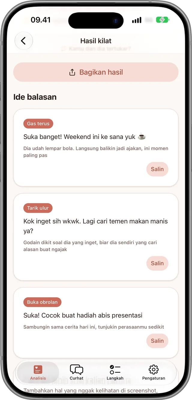 Layar ide balasan dengan tiga balasan untuk disalin dan dikirim